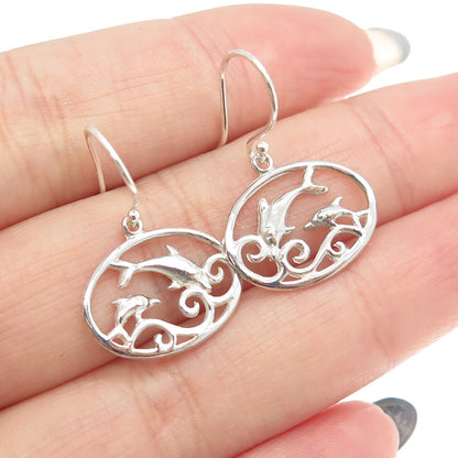 925 Sterling Silver Friendly Dolphin Dangling Earrings