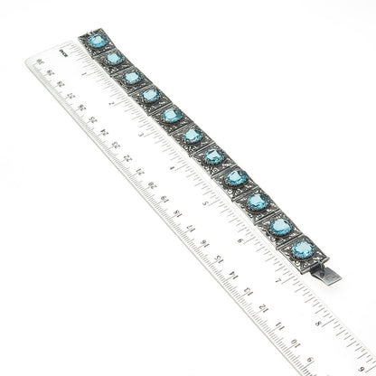 800 Silver Vintage Italy Blue Glass Filigree Panel Link Bracelet 7.25"