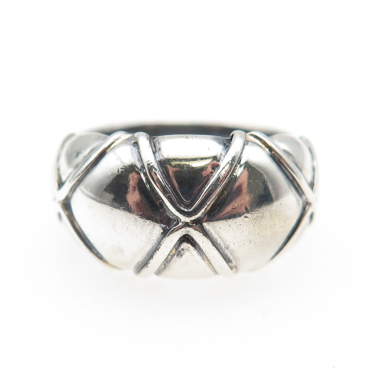925 Sterling Silver Vintage Modernist X-Shape Dome Oxidized Ring Size 7.75