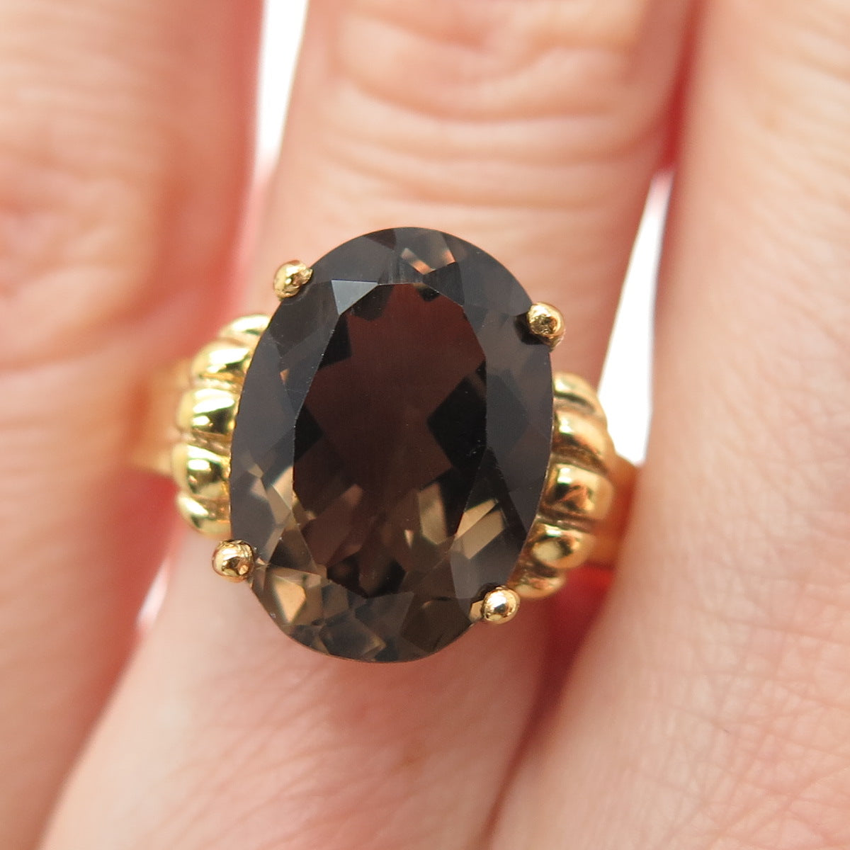 KEN CRAFTS Sterling Silver Gold Plated Real Oval-Cut Smoky Quartz Ring Size 6