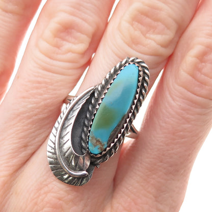 Old Pawn 925 Sterling Silver Vintage Southwestern Turquoise Feather Ring Size 8