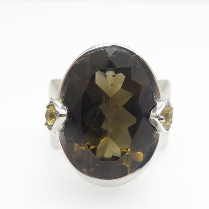 925 Sterling Silver Real Oval-Cut Smoky Quartz & Citrine Ring Size 7