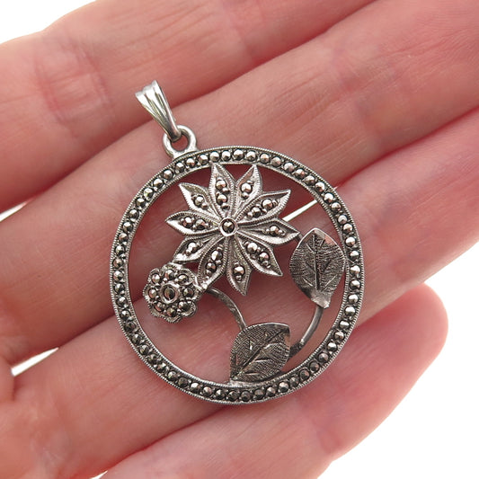 925 Sterling Silver Antique Art Deco Real Marcasite Floral Charm Pendant