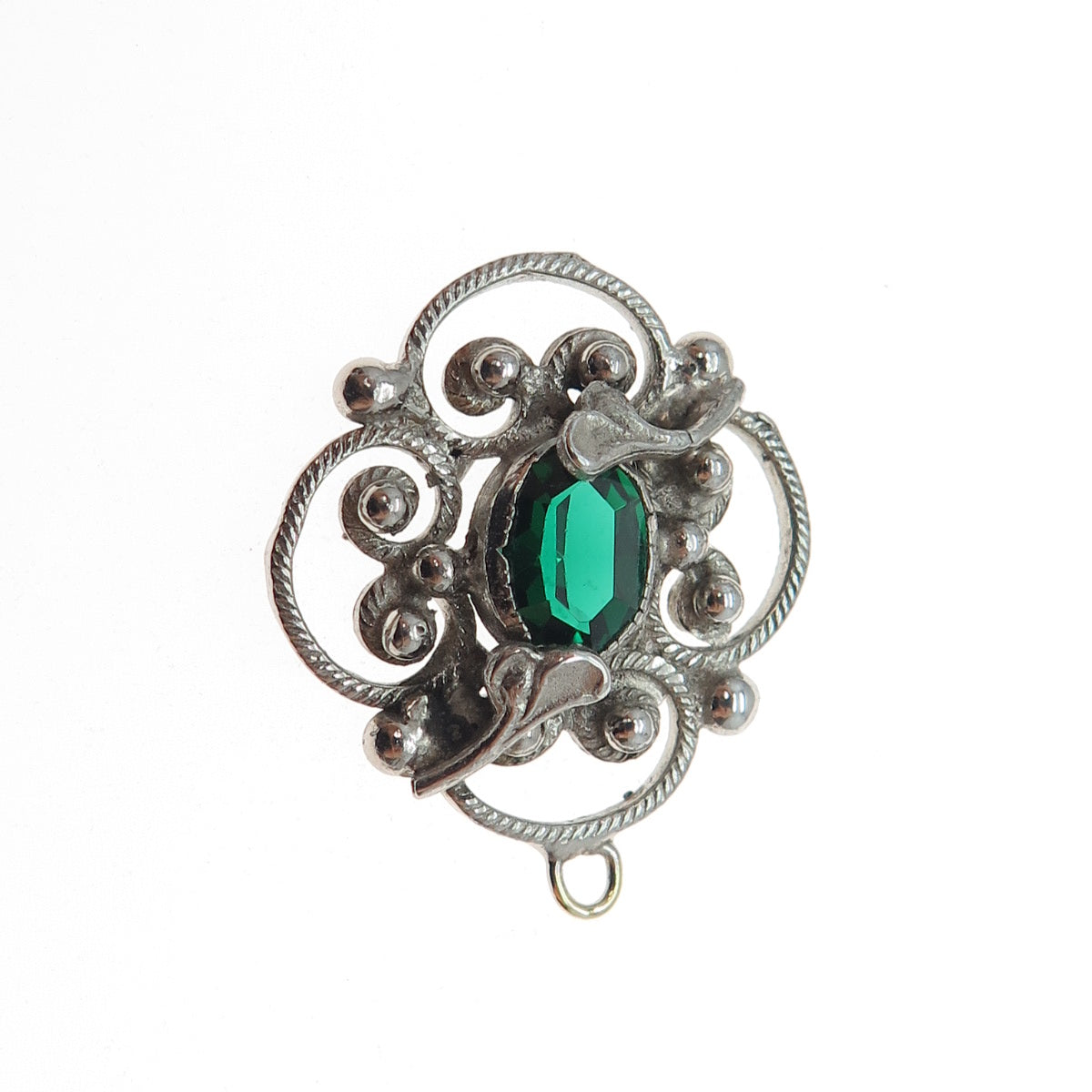 925 Sterling Silver Antique Art Deco Green Rhinestone Floral Mini Charm Pendant