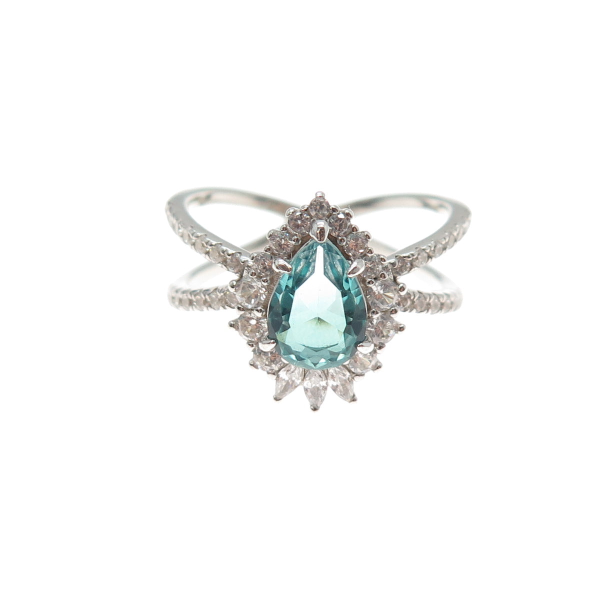 925 Sterling Silver Blue & White C Z Crisscross Ring Size 7.25