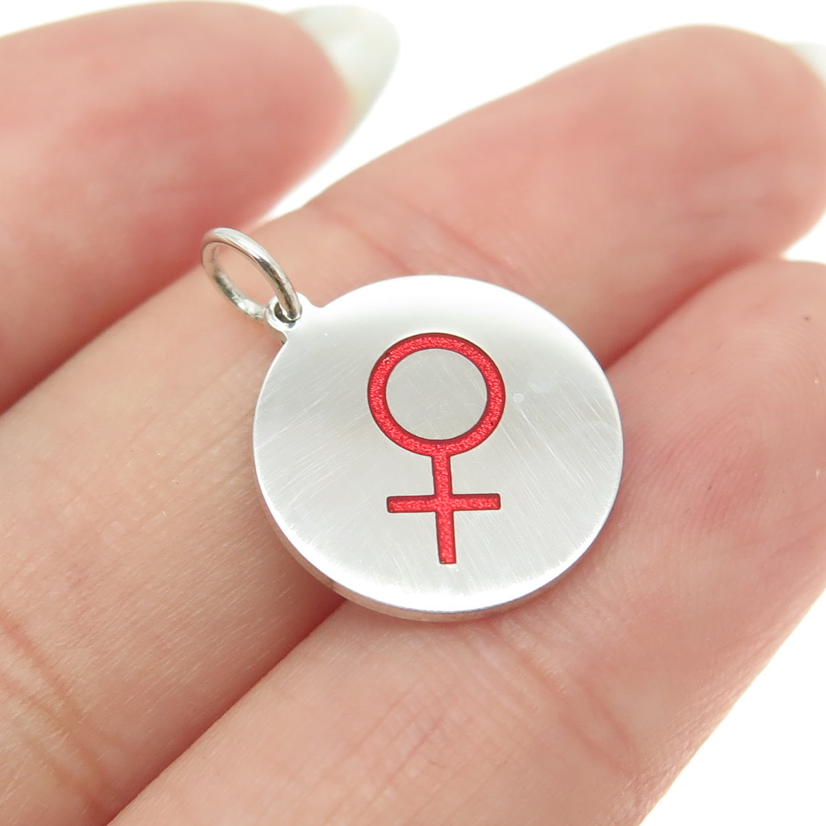 925 Sterling Silver Red Enamel Female Symbol Round Tag Minimalist Charm Pendant