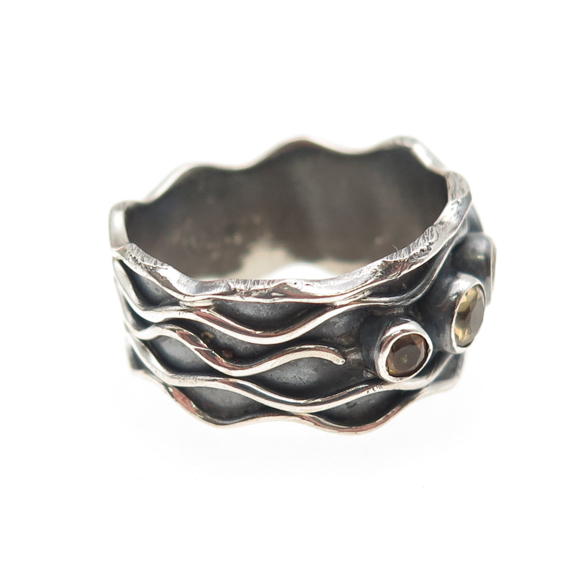 925 Sterling Silver Vintage Real Citrine Modernist Oxidized Ring Size 10