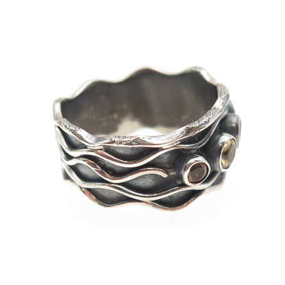 925 Sterling Silver Vintage Real Citrine Modernist Oxidized Ring Size 10
