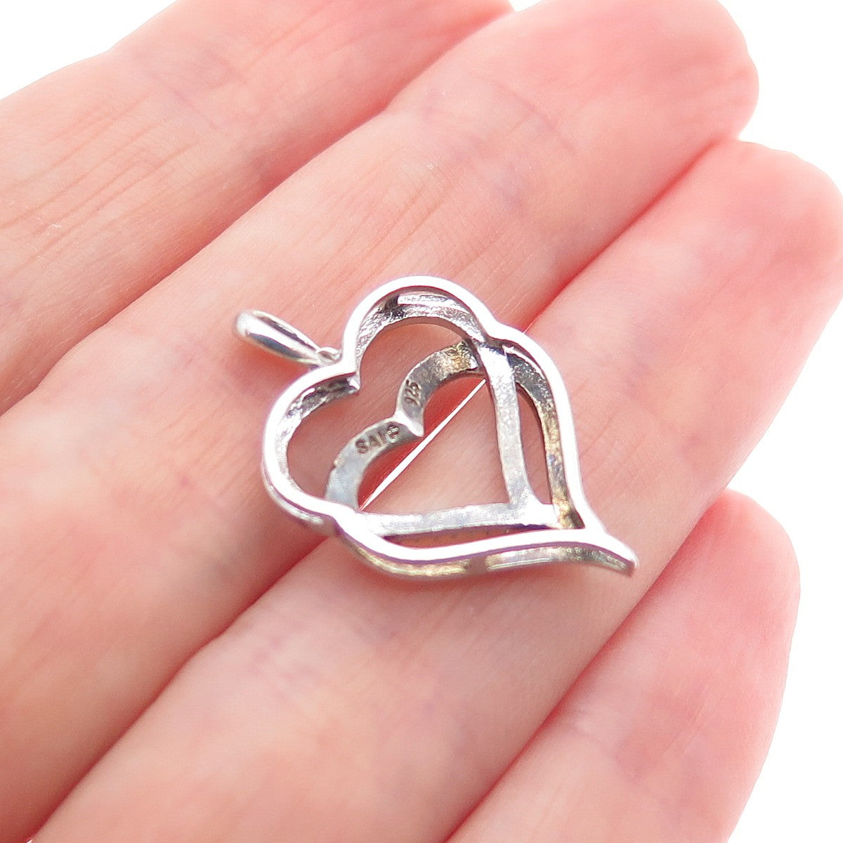 SAI 925 Sterling Silver Real Diamond Accent Double Heart Mini Charm Pendant