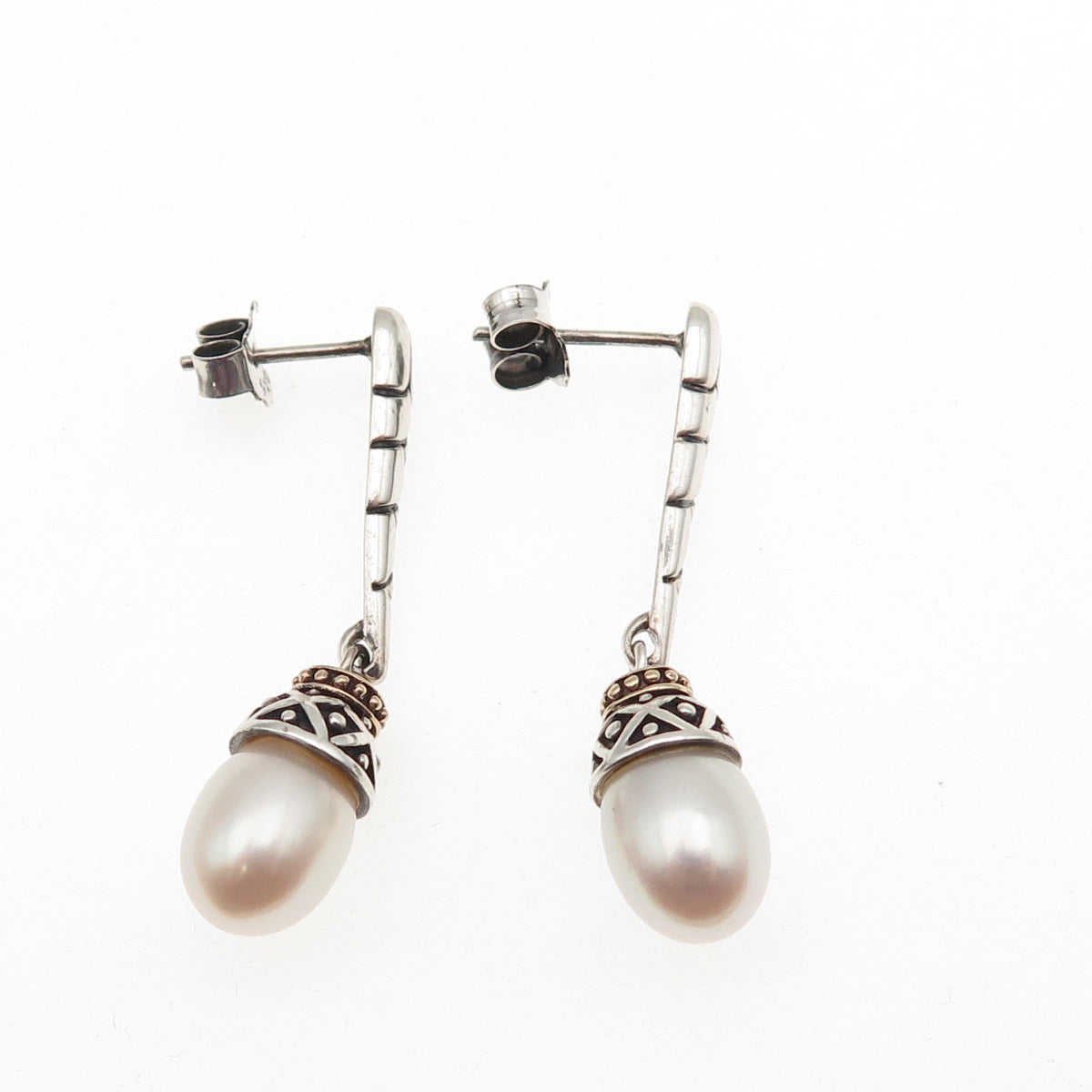 925 Sterling Silver 14K Gold Vintage ATR Real Pearl Modernist Dangle Earrings