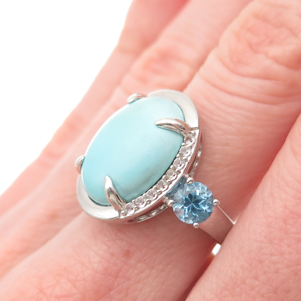 925 Sterling Silver Real Larimar White & Blue Topaz Ring Size 6.25