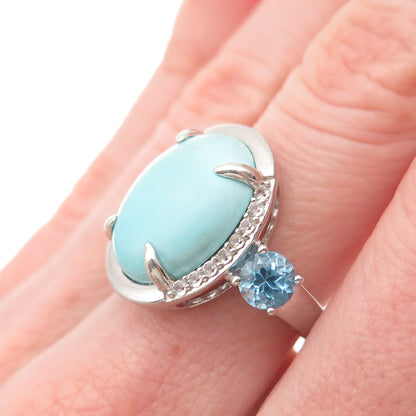 925 Sterling Silver Real Larimar White & Blue Topaz Ring Size 6.25