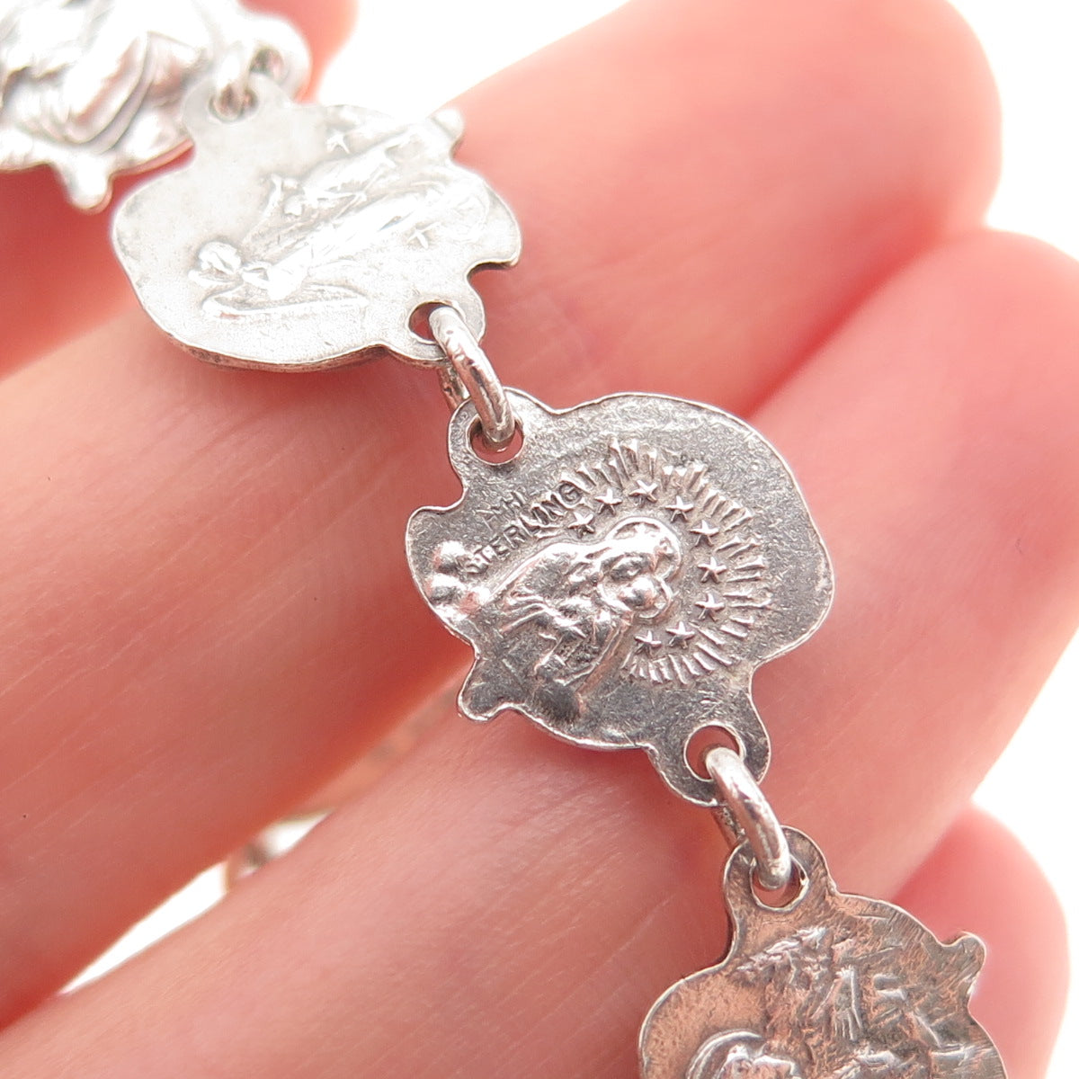 HMH Religious 925 Sterling Silver Antique Art Deco Saint Rosary Bracelet 7.5"