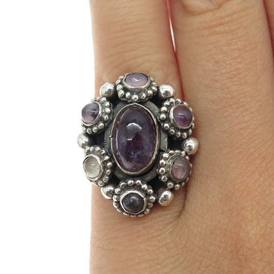 980 Silver Vintage Mexico Real Amethyst Floral Granulated Ring Size 5