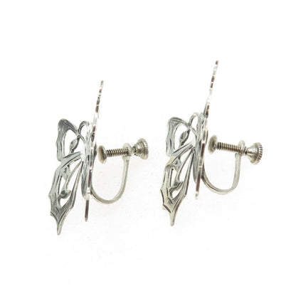 925 Sterling Silver Antique Art Deco Butterfly Screw Back Earrings