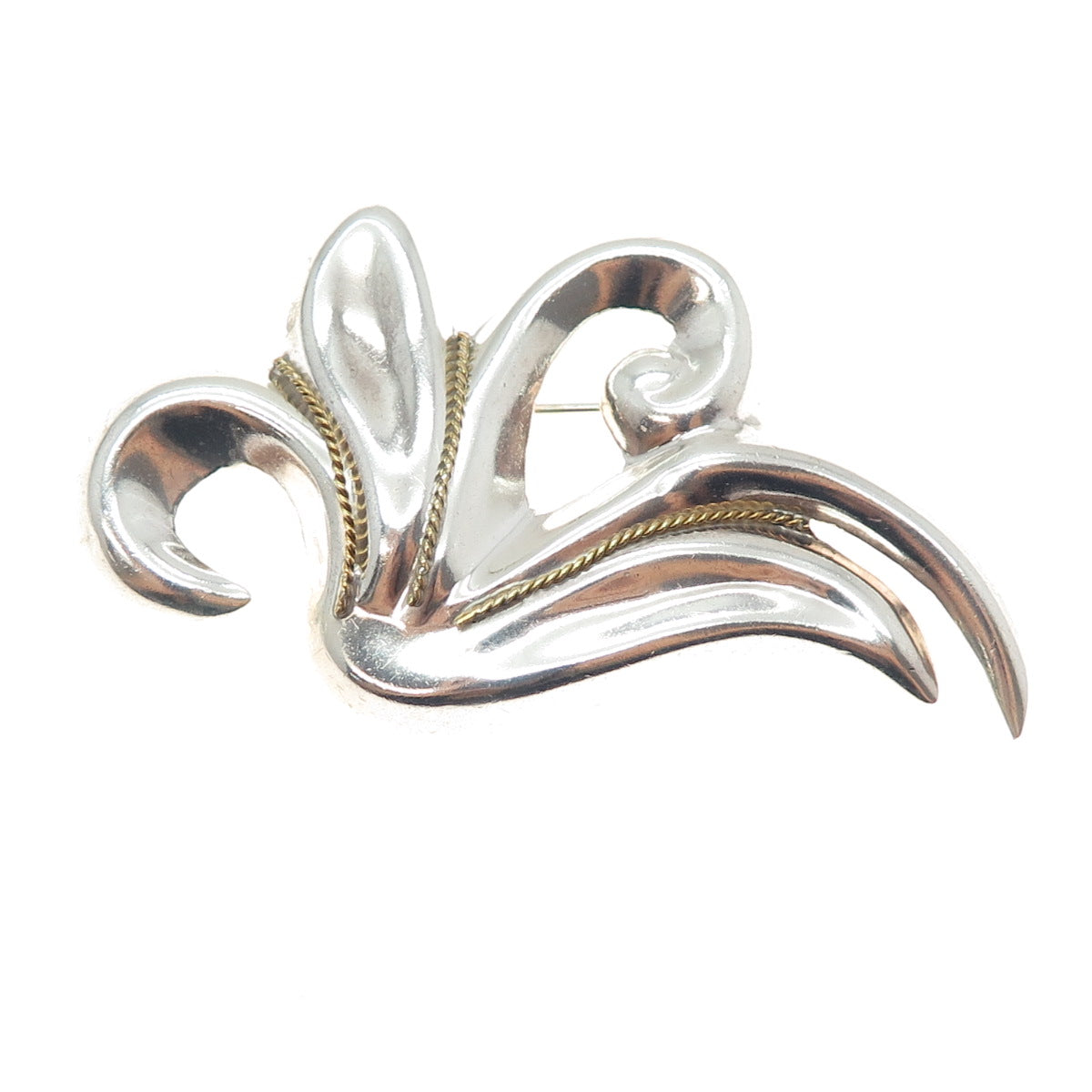 LATON 925 Sterling Silver 2-Tone Vintage Mexico Modernist Floral Pin Brooch
