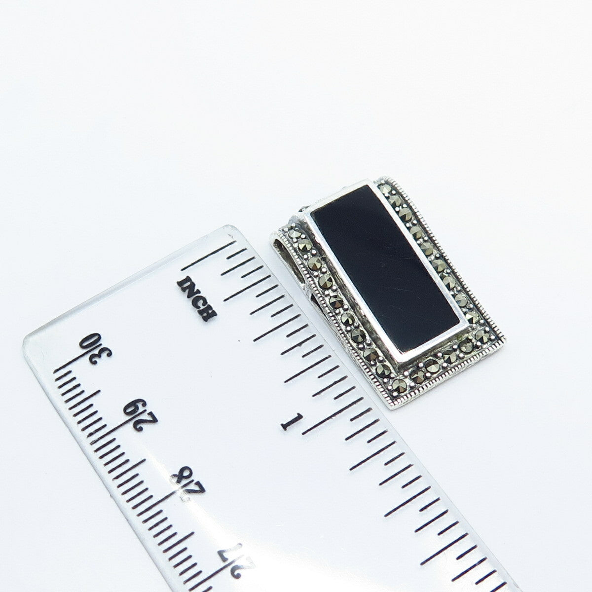 925 Sterling Silver Real Black Onyx & Marcasite Gem Art-Deco-Style Slide Pendant