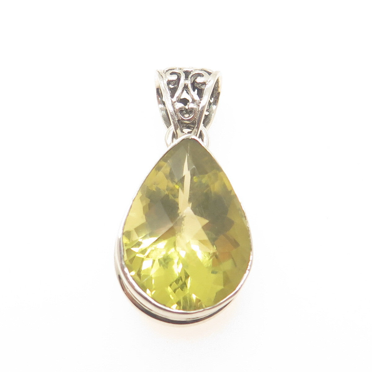 925 Sterling Silver Vintage Real Pear-Cut Lime Citrine Ornate Teardrop Pendant
