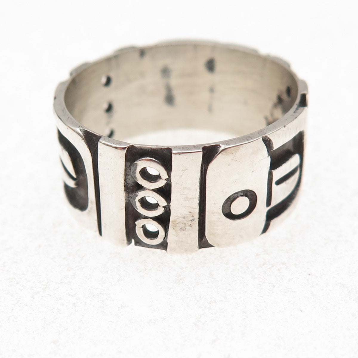 925 Sterling Silver Vintage Mexico Aztec Oxidized Wide Band Ring Size 12.25