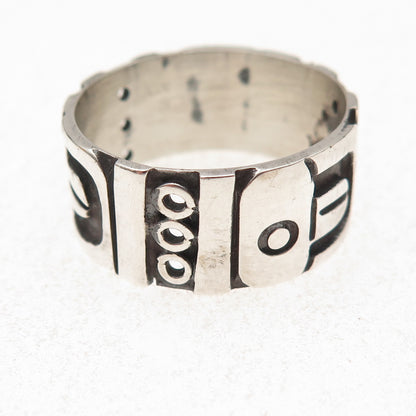 925 Sterling Silver Vintage Mexico Aztec Oxidized Wide Band Ring Size 12.25