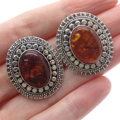 925 Sterling Silver Vintage Real Amber Modernist Granulated Earrings