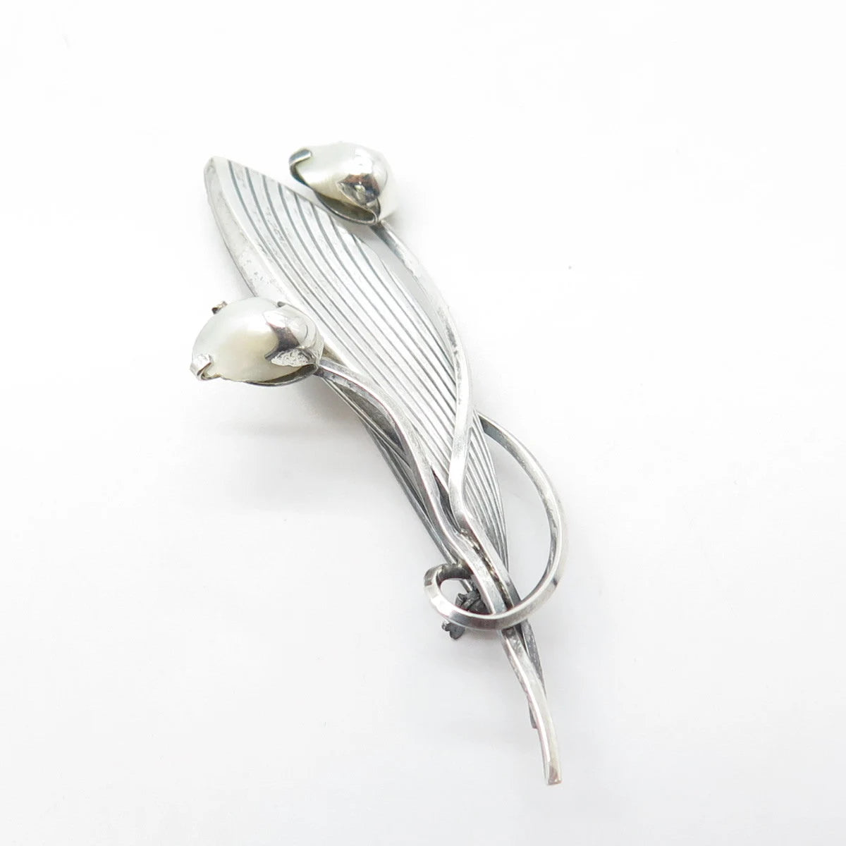925 Sterling Silver Antique Art Deco Germany Faux Pearl Leaf Floral Pin Brooch
