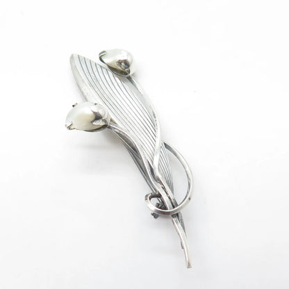 925 Sterling Silver Antique Art Deco Germany Faux Pearl Leaf Floral Pin Brooch