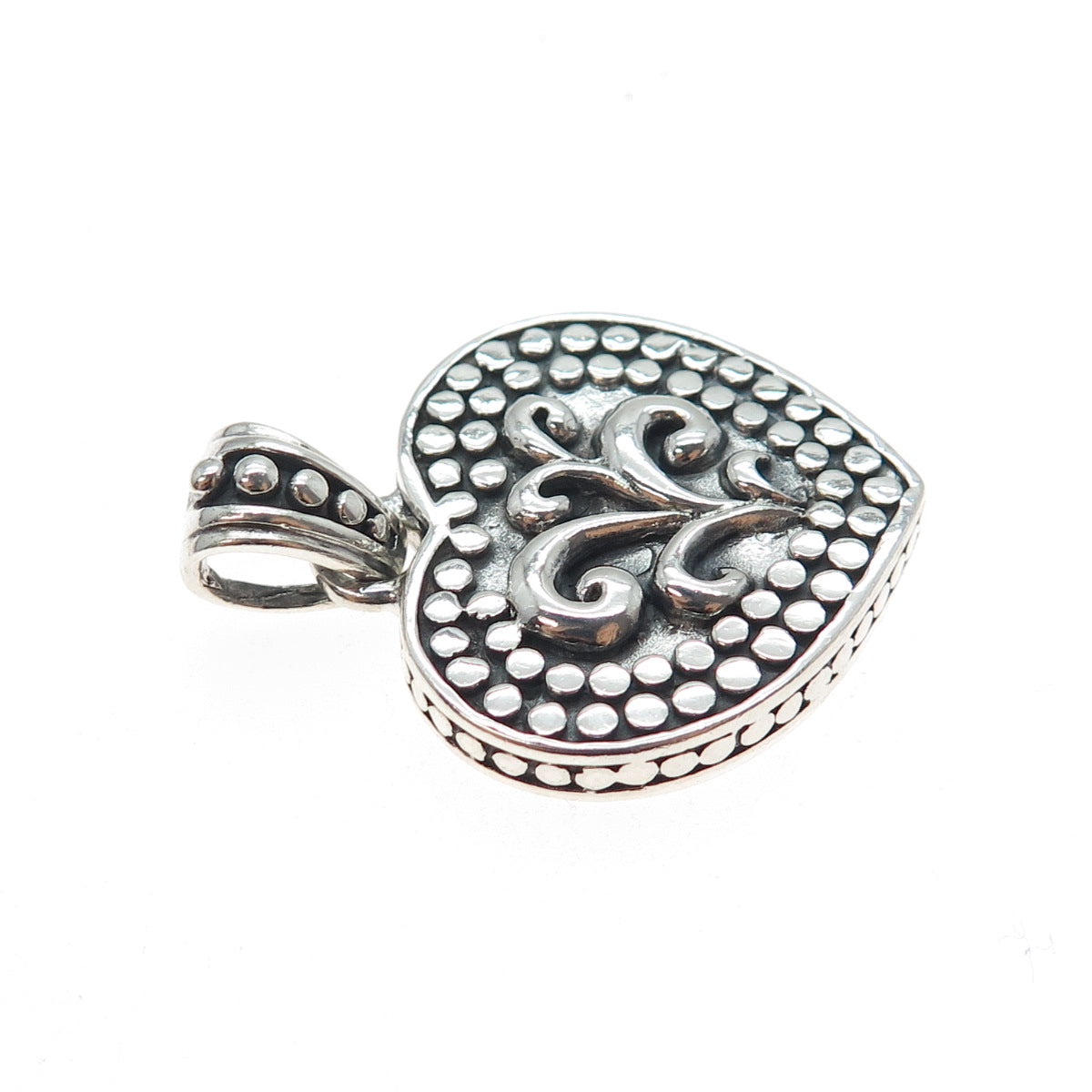 KEN CRAFTS 925 Sterling Silver Vintage Floral Heart Oxidized Charm Pendant