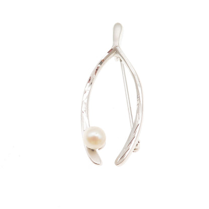 Marvel 925 Sterling Silver Antique Art Deco Real Pearl Wishbone Pin Brooch