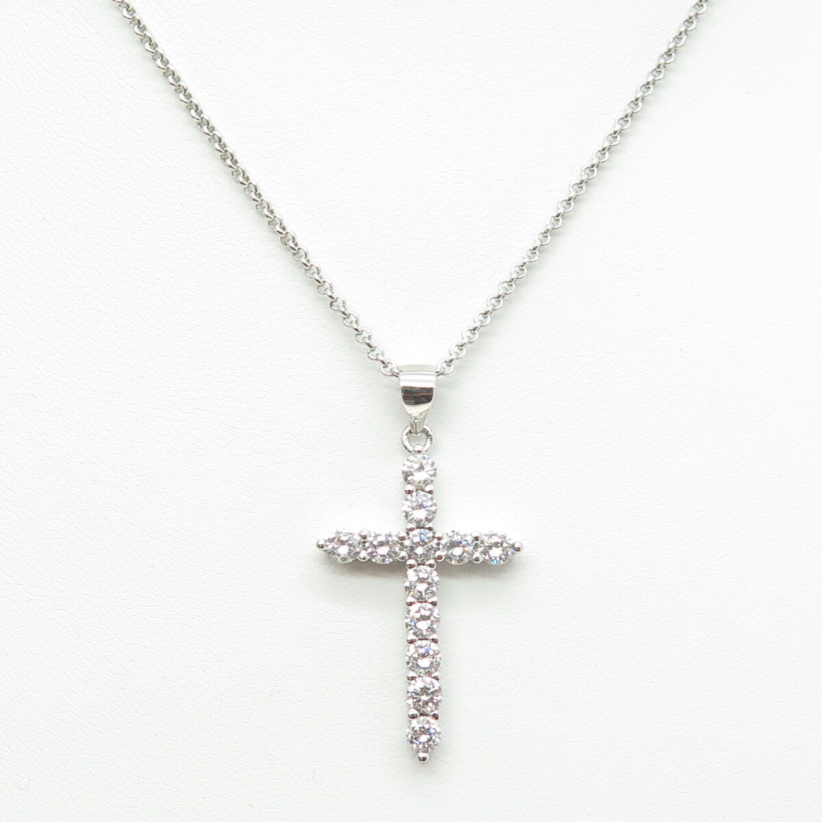 925 Sterling Silver Italy Round-Cut C Z Cross Rolo Chain Necklace 16"