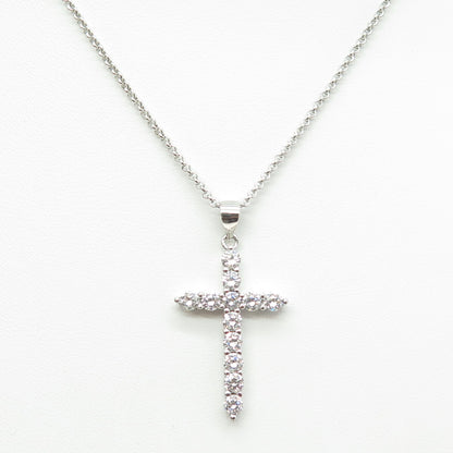 925 Sterling Silver Italy Round-Cut C Z Cross Rolo Chain Necklace 16"