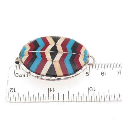 Old Pawn Sterling Silver Vintage Multi-Gem Tribal Bracelet Hook & Bail Buckle