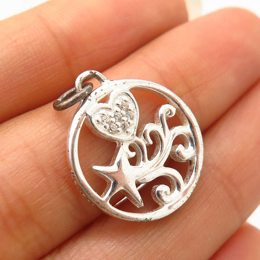 925 Sterling Silver C Z Heart & Star Design Charm Pendant