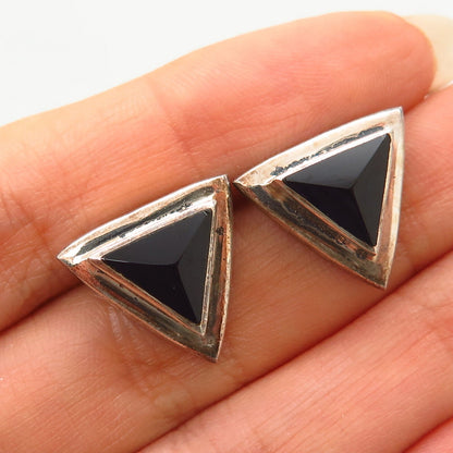 925 Sterling Silver Black Onyx Gem Triangle Earrings