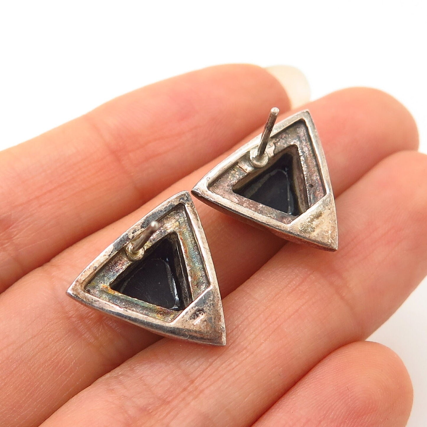 925 Sterling Silver Black Onyx Gem Triangle Earrings