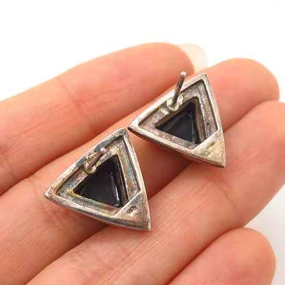 925 Sterling Silver Black Onyx Gem Triangle Earrings