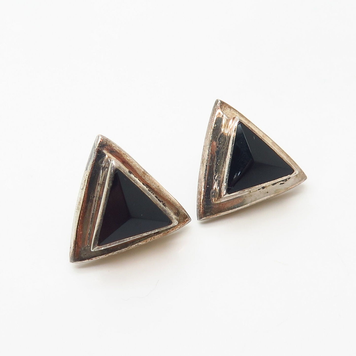 925 Sterling Silver Black Onyx Gem Triangle Earrings