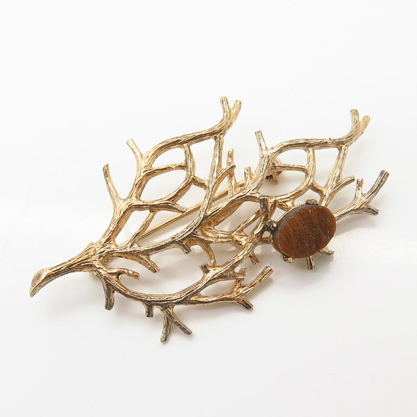 925 Sterling Gold Plated Vintage Wells Real Tiger Eye Branch Design Pin Brooch