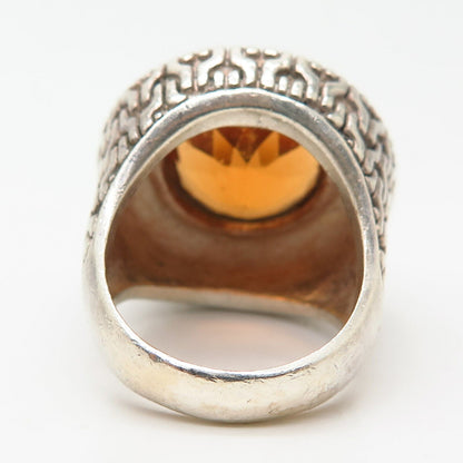 925 Sterling Silver Real Citrine Gem Ornate Design Wide Ring Size 8 3/4