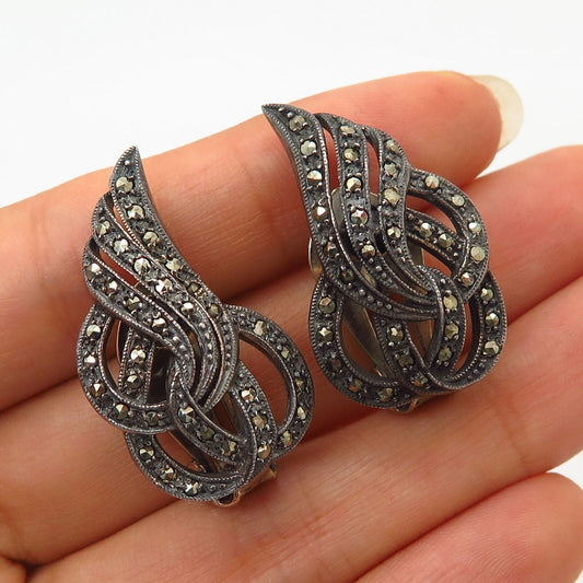 925 Sterling Silver Vintage Real Marcasite Gem Swirl Design Earrings