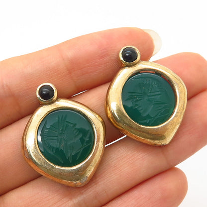 925 Sterling Gold Plated Vintage Carved Onyx Gem Ancient Warrior Earrings