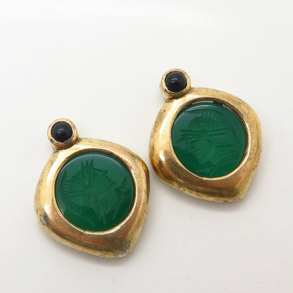 925 Sterling Gold Plated Vintage Carved Onyx Gem Ancient Warrior Earrings