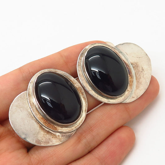 925 Sterling Silver Vintage Louis Booth Black Onyx Gem Modernist Design Earrings