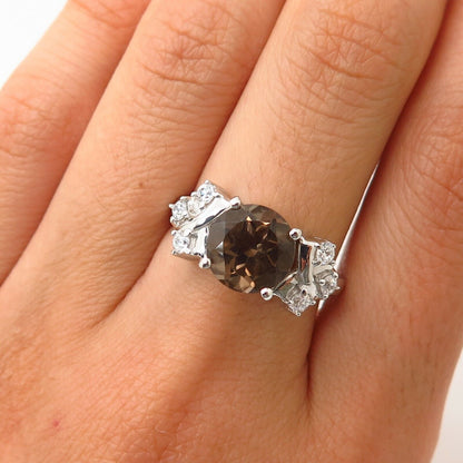 925 Sterling Silver Real Smoky Quartz & C Z Ring