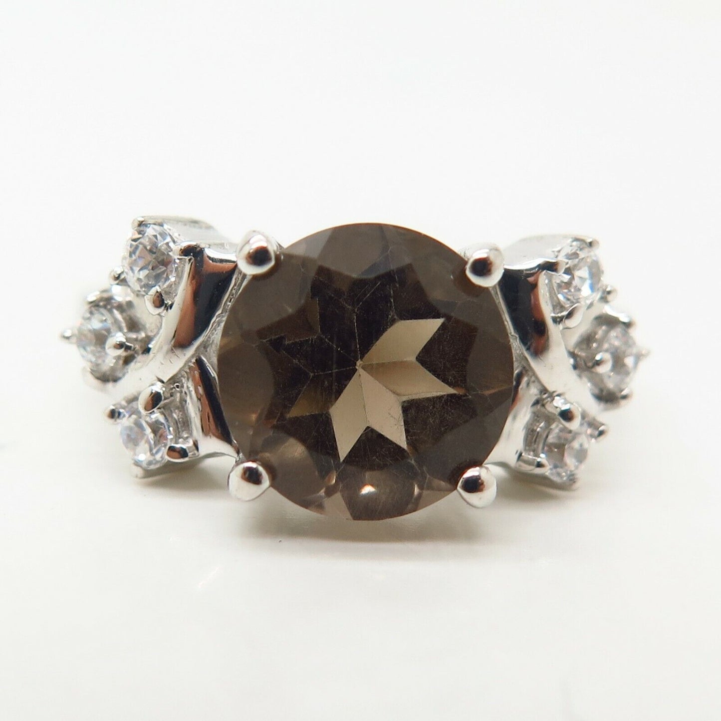 925 Sterling Silver Real Smoky Quartz & C Z Ring