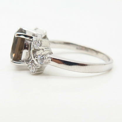 925 Sterling Silver Real Smoky Quartz & C Z Ring