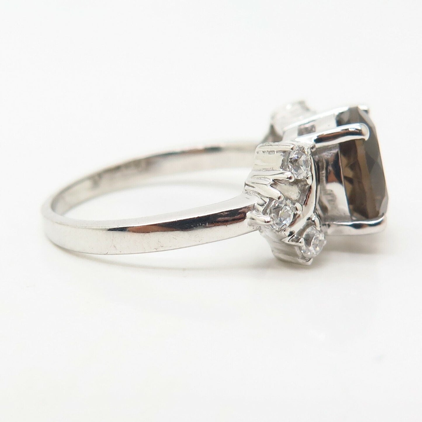 925 Sterling Silver Real Smoky Quartz & C Z Ring