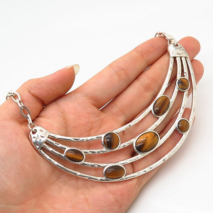 925 Sterling Silver Real Tiger Eye Gem Multi-Bar Design Chain Necklace 18"