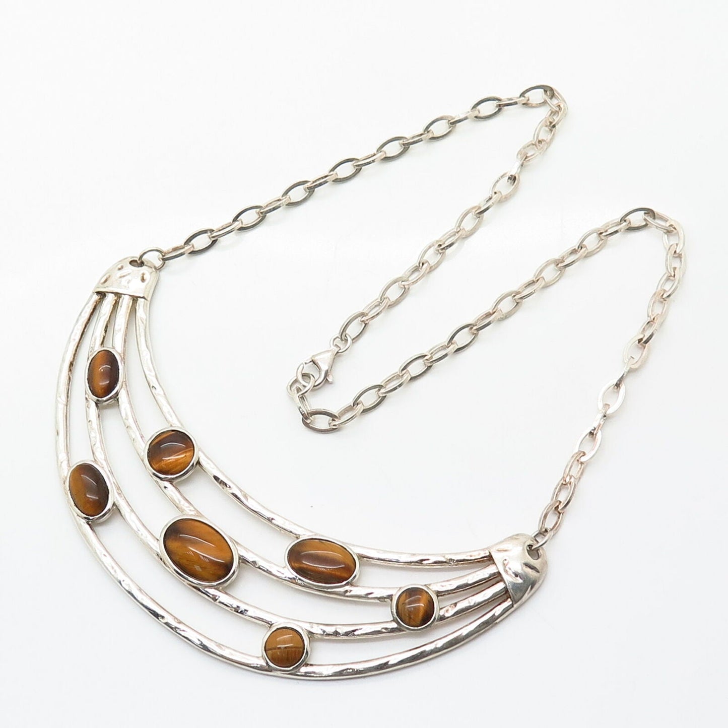 925 Sterling Silver Real Tiger Eye Gem Multi-Bar Design Chain Necklace 18"