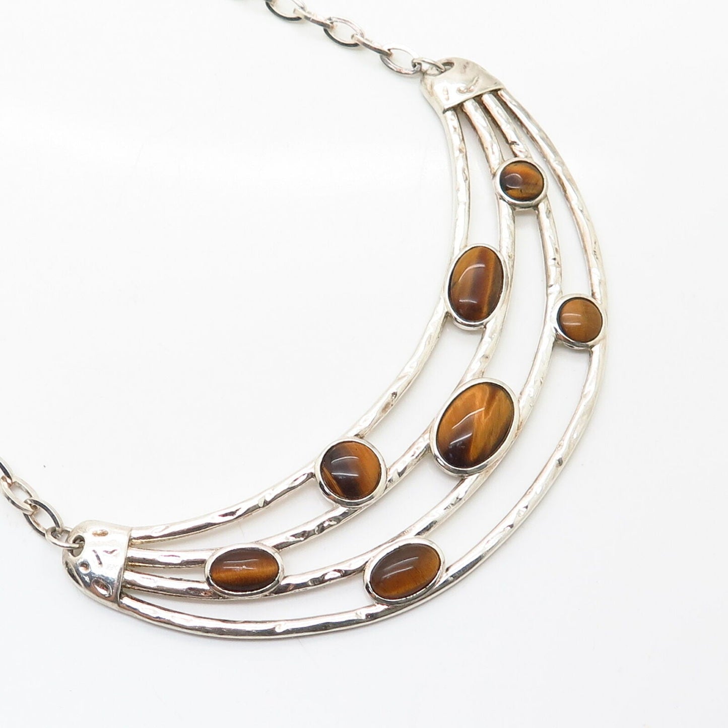 925 Sterling Silver Real Tiger Eye Gem Multi-Bar Design Chain Necklace 18"